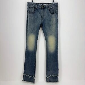 Rebel Minds Mens 32x38 Slim Straight Jeans Blue Faded Raw Frayed‎ Double Hem